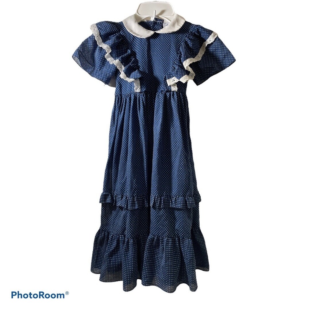 VTG Jill‎ Lynn Dress 4T Navy Polka Dot S/S Ruffle Lace long Cottage Prairie SI17